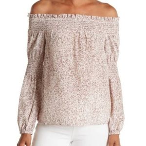 L’AGENCE Mona Smocked Silk Off The Shoulder Leopard Print Blouse Size Medium